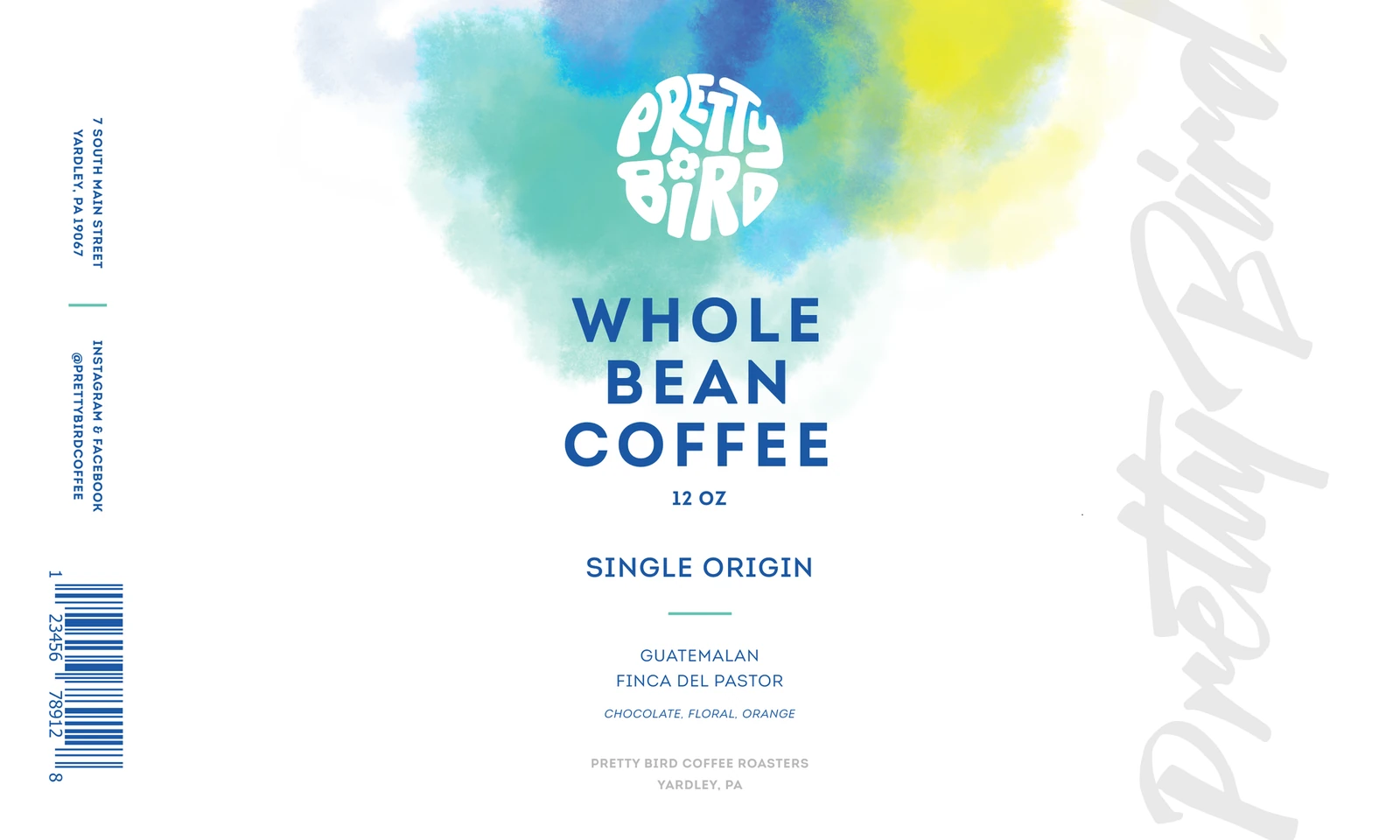 The teal crowler label, flat: whole bean coffee, single origin