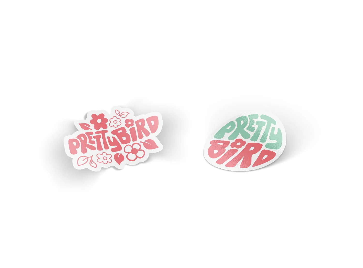 Two stickers: the wordmark with flowers, and the mark