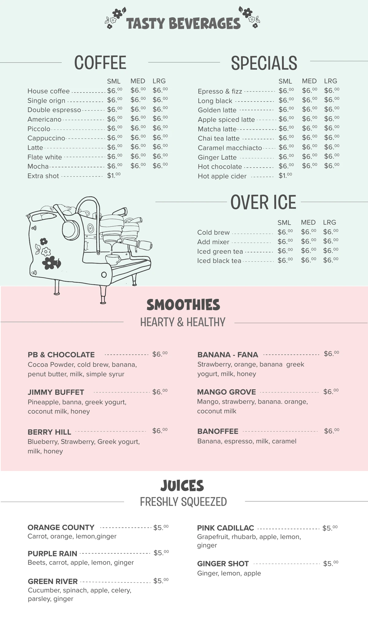 The menu, back: coffee, specials, drinks over ice, smoothies and juices