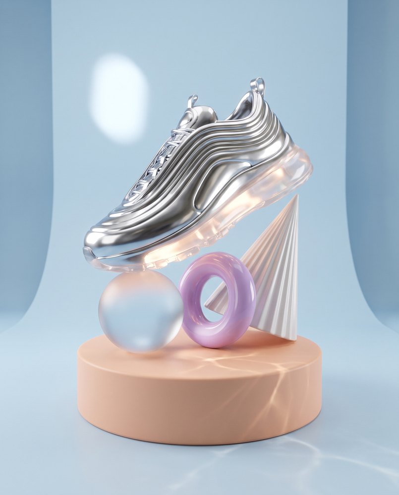 A glossy 3D render of a chrome sneaker on pastel shapes