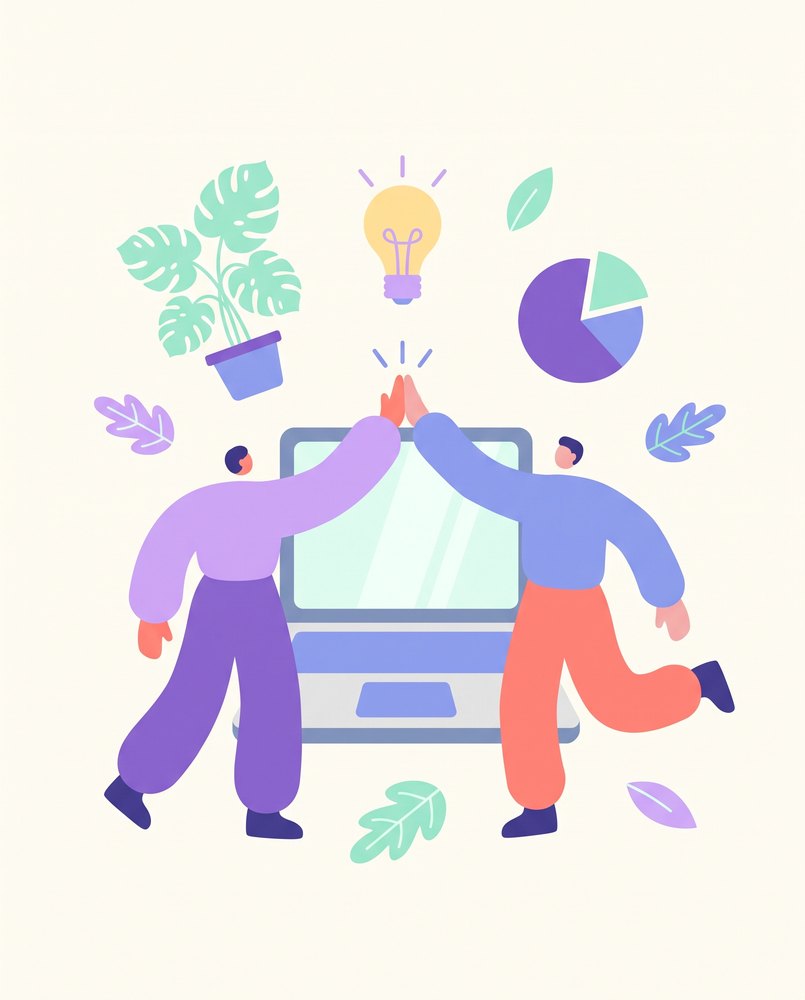 A flat corporate illustration of two people high-fiving over a laptop