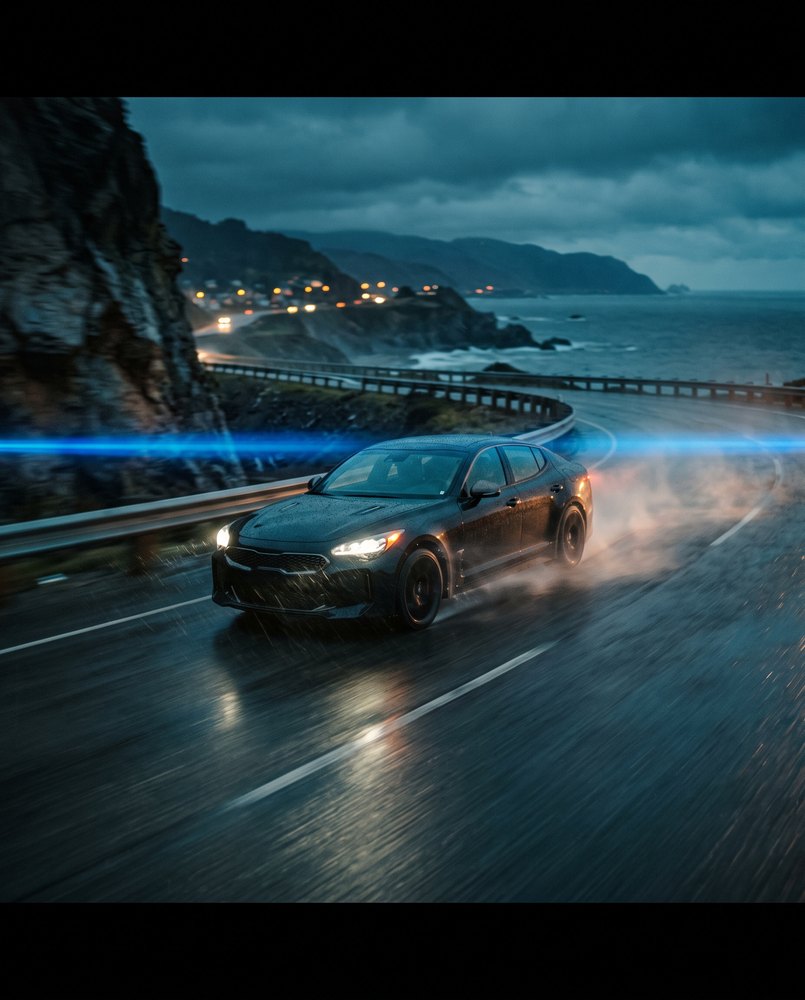A cinematic car commercial frame on a wet coastal road
