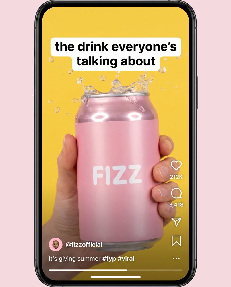 A vertical social post of a pink soda can