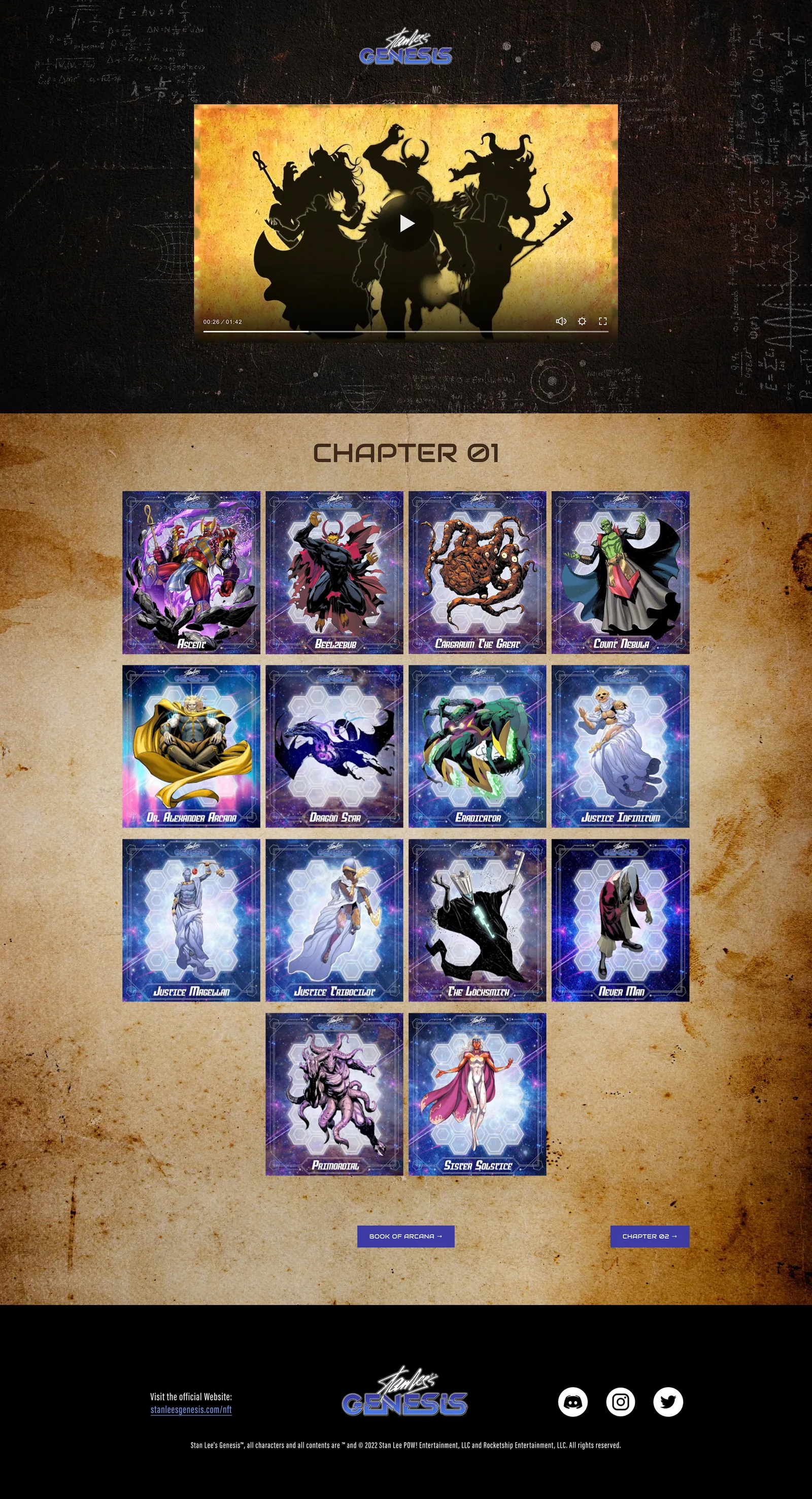 Chapter 01: the episode player, then fourteen hero cards on aged paper