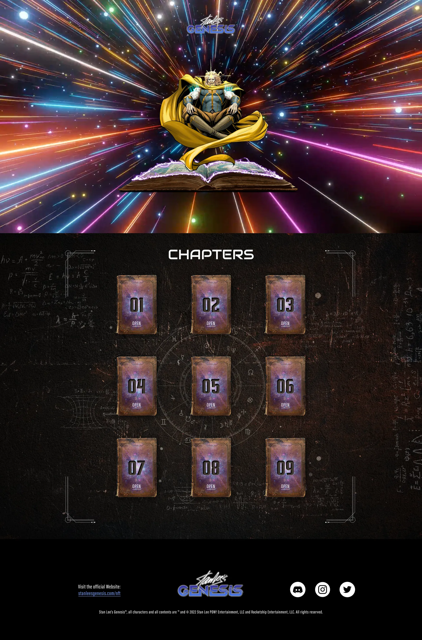 The home page: Dr. Arcana over the Book of Arcana in hyperspace, then nine chapter books on the chapter wall