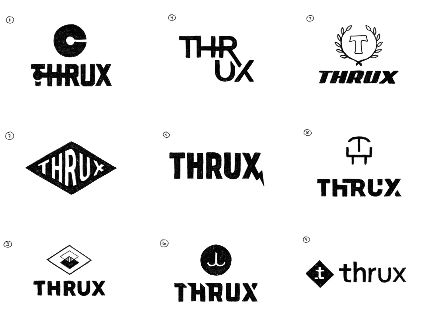 Round one: nine hand-drawn directions for the Thrux name
