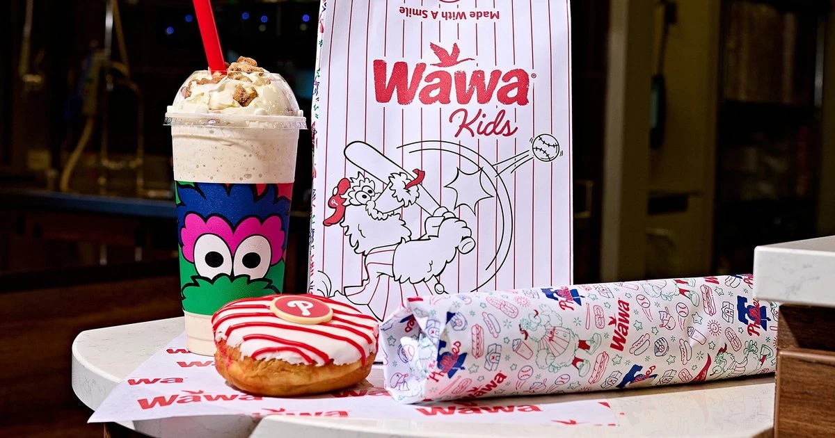 The Phanatic smoothie, a Phillies donut and the kids meal bag on a Wawa counter