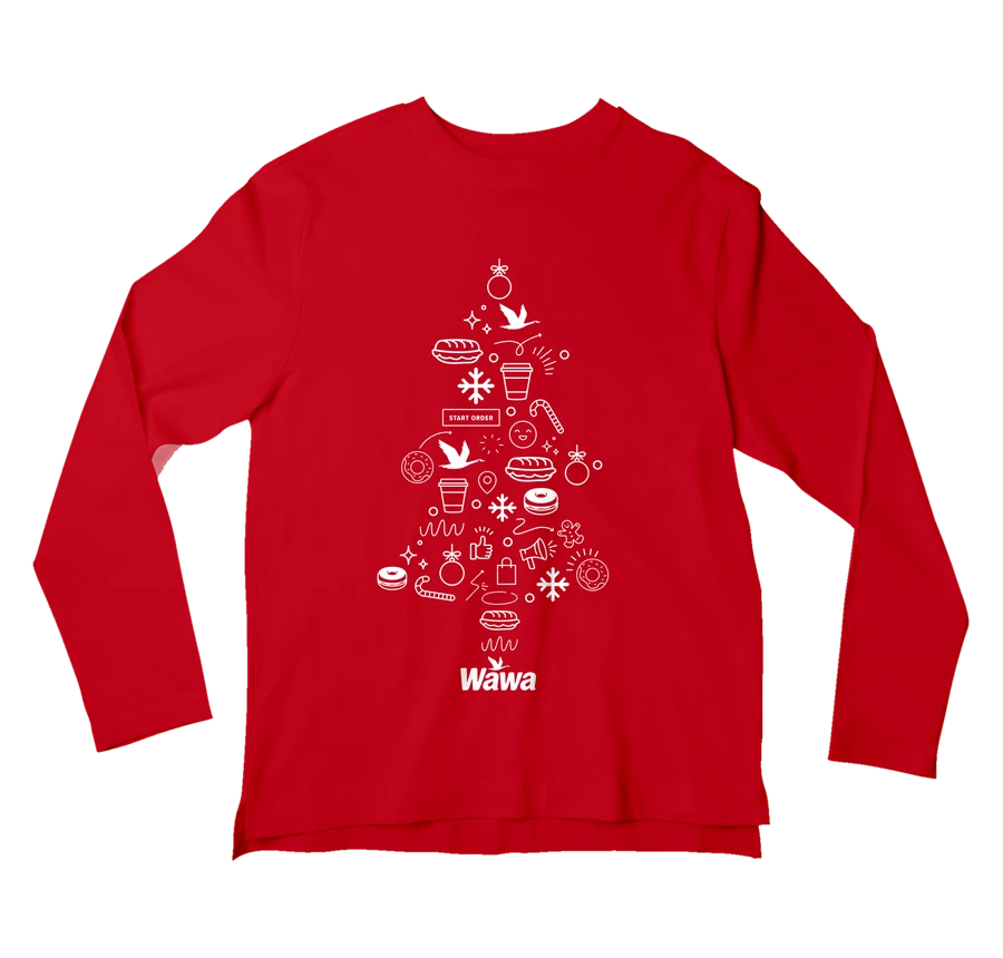 Holiday long-sleeve tee, a tree of Wawa icons