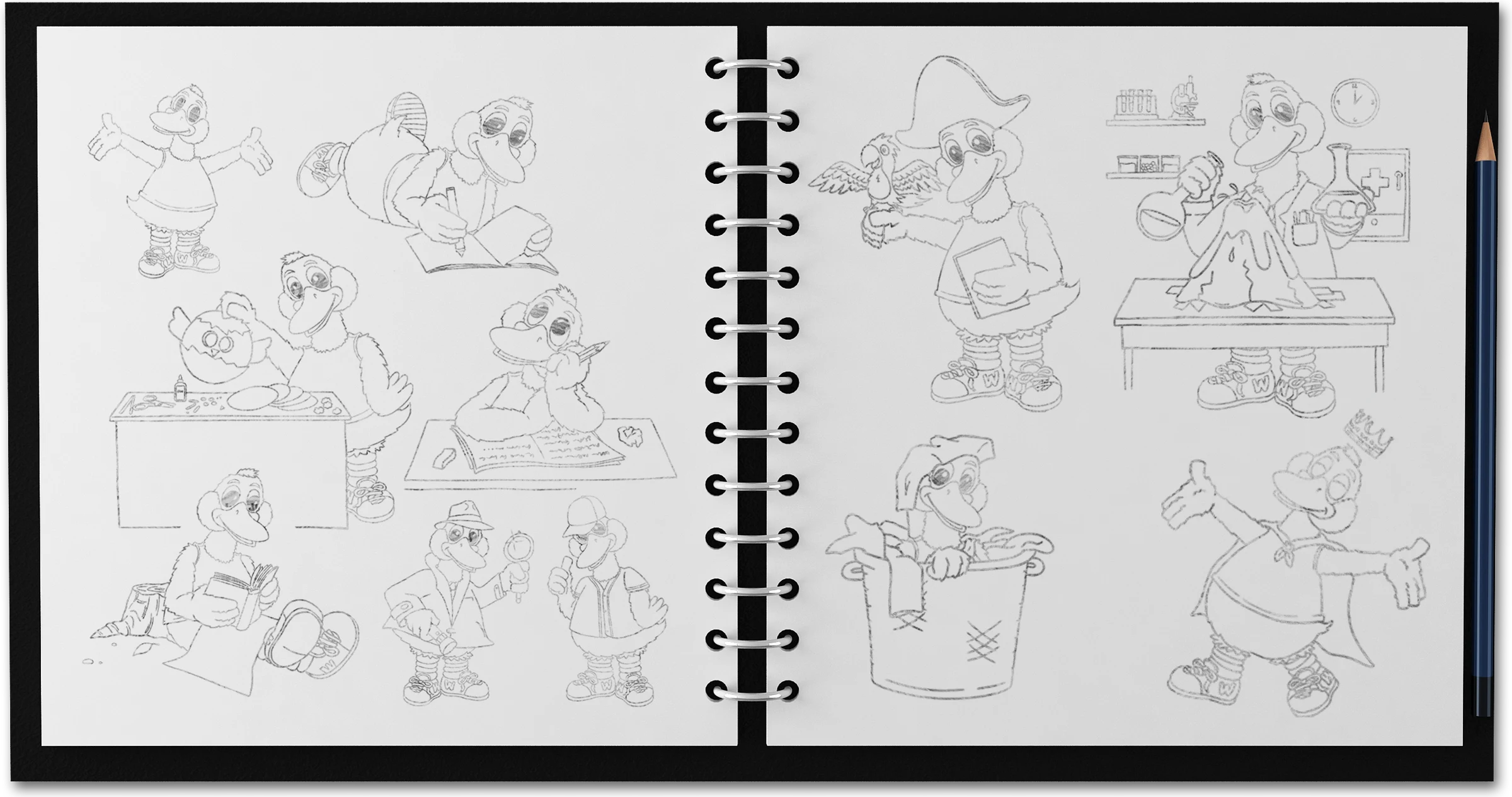 Pencil sketches of Wally in a spiral sketchbook